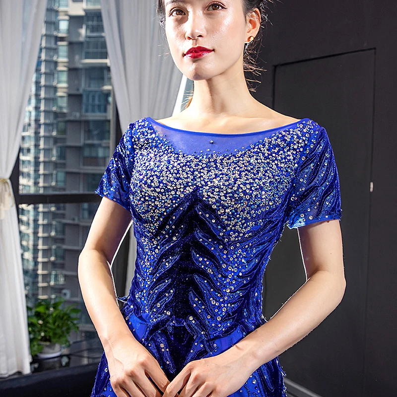 2 Piece Royal Blue Dubai Saudi Arabia Luxury Sequined Sparkle Mermaid Evening Dresses Short Sleeve Beading Evening Gowns Kaftan