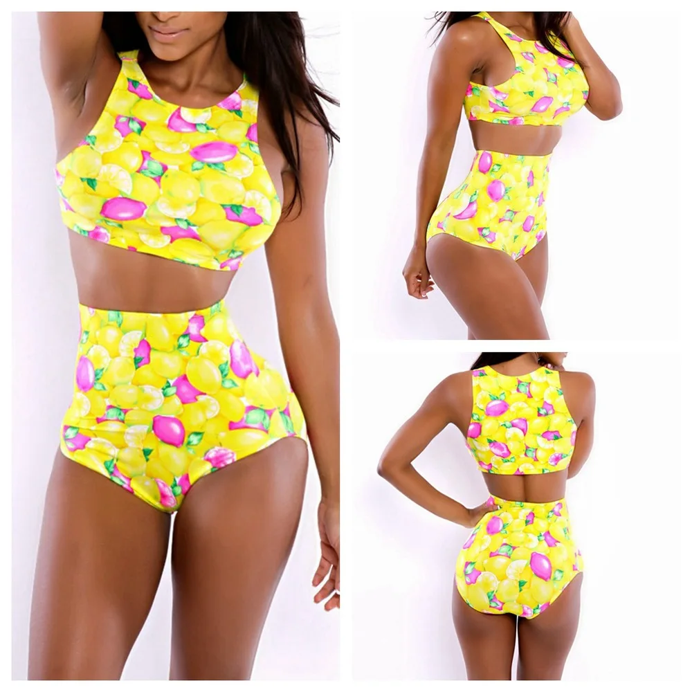 Yellow Neon Bright Color High Waist Bikini Set Crop Tops Print ...
