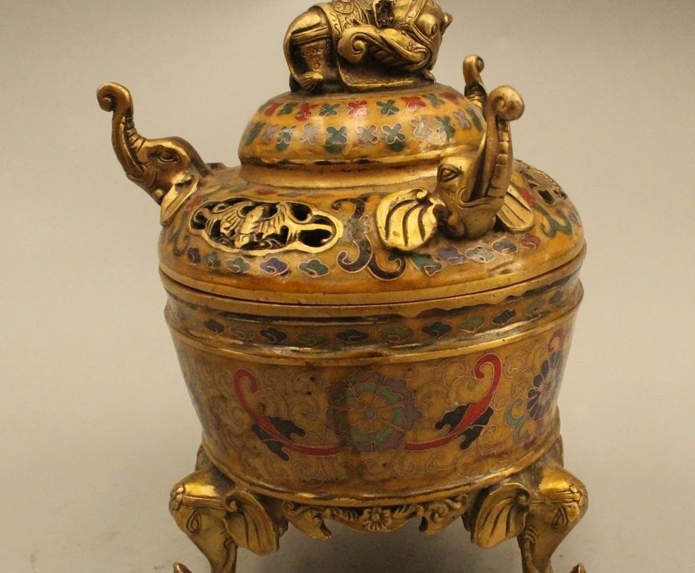 

8"Marked Chinese Folk Cloisonne Bronze Gild Elephant Incense Burner Censer Statu