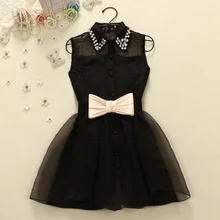 2016 Summer Women Bow Belt Pearl Diamond Dress Lapel Collar Sleeveless Gauze Dress Summer Style