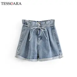 TESSCARA женские летние повседневные джинсовые шорты Модные расклешенные брюки Капри Высокое качество Женские джинсы с высокой талией синие