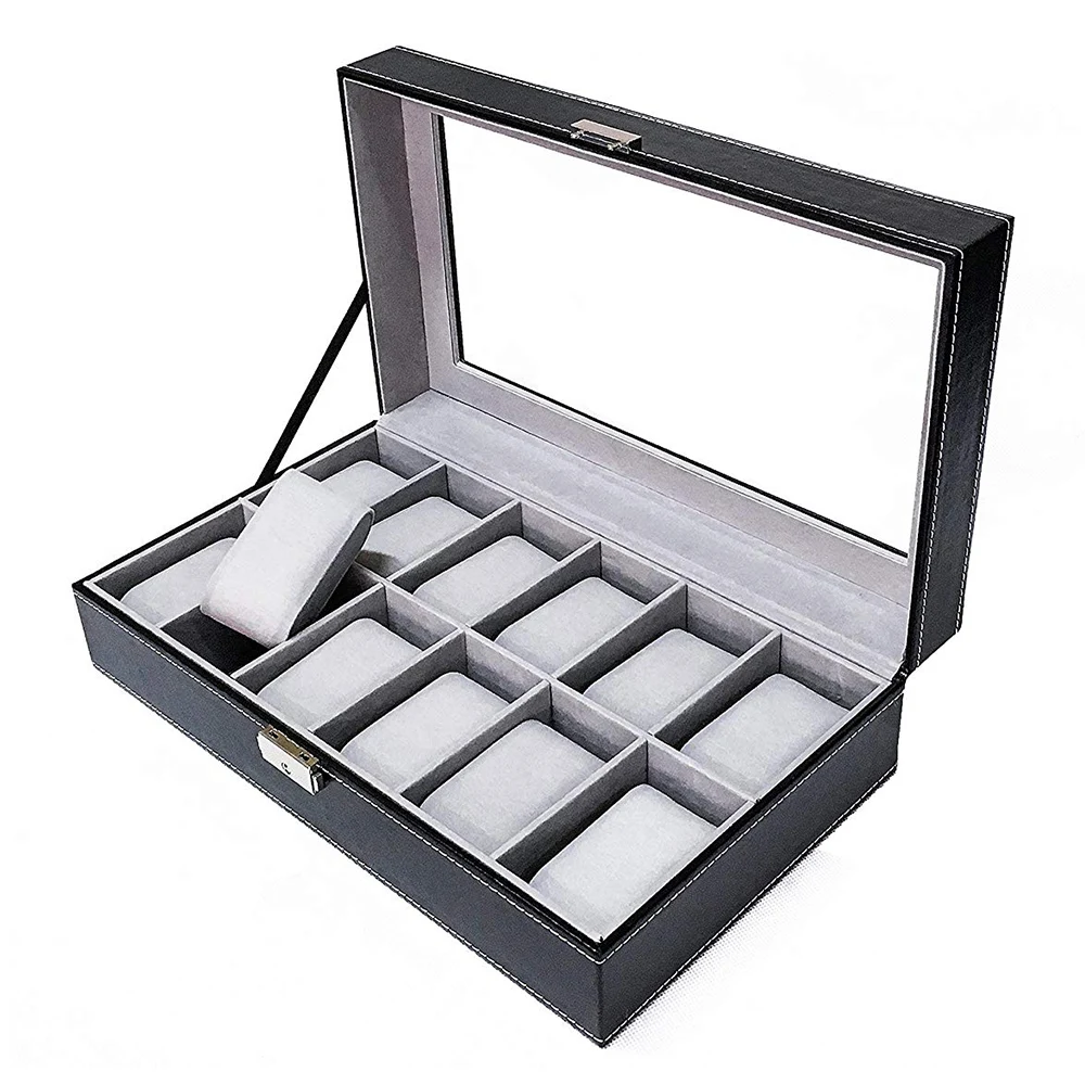 

New 12 Grids PU Leather Watch Box Case Holder Organizer For Clock Watches Jewelry Display Boxes Glass Top With Key Best Gift D20