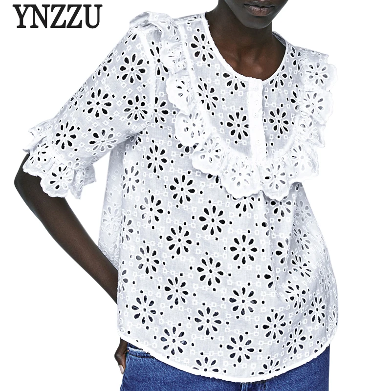YNZZU, элегантные женские блузки и топы, осень, о-образный вырез, кружевная Свободная белая блузка, повседневная, полый, волнистая, женская блуза, YT420