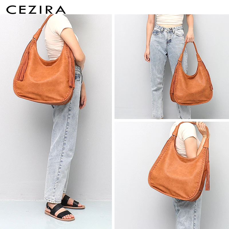 CEZIRA العلامة التجارية حقيبة هوبو النساء حقائب الكتف كبيرة الإناث فو الجلود شرابة اليد الكبيرة السيدات عالية الجودة الأعلى مقبض حقيبة جديد
