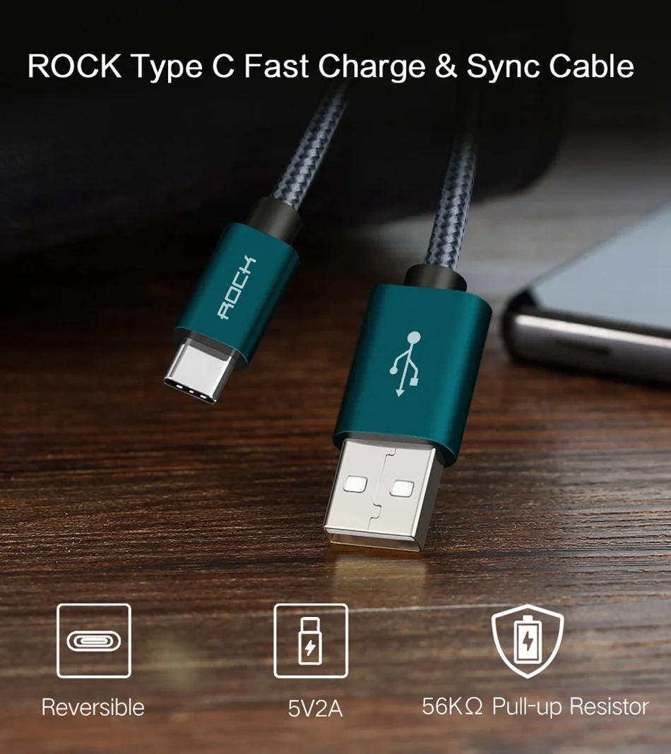 Металлический usb type-C кабель, ROCK Metal Быстрая зарядка usb type-C кабель для samsung Galaxy S8 Note 8, OnePlus 2, для Xiaomi 4C USB-C