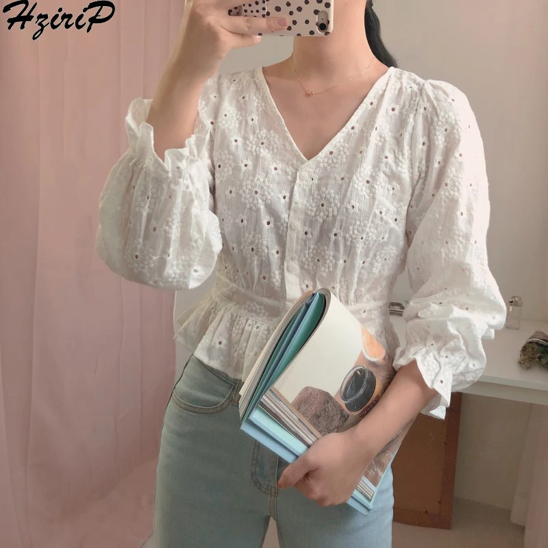 

Hzirip Casual Loose Simple 2019 Elegant Spring Summer Sweet Fresh Female Stylish All-Match Lace Free Solid New White Shirt
