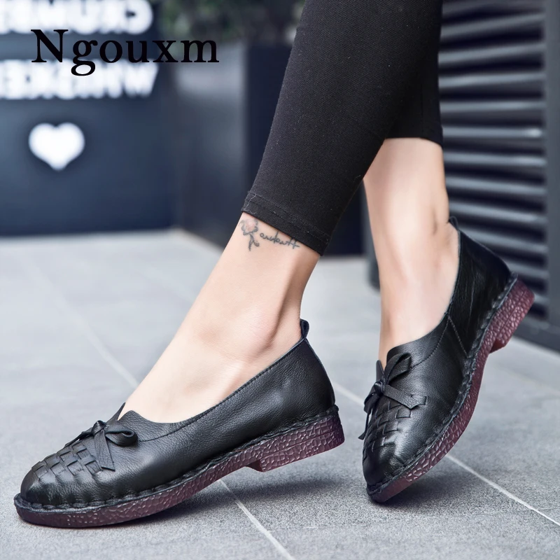 

Ngouxm Women Flats Genuine Leather Loafers Shoes Woman Slip On Rubber Toe Butterfly Knot Shoes For Women Moccasins