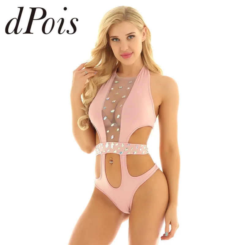 

Women One Piece Swimsuits Halter Neck Backless See Through Mesh Splice Front with Shiny Diamond Cutouts Bathing Suits Beachwear