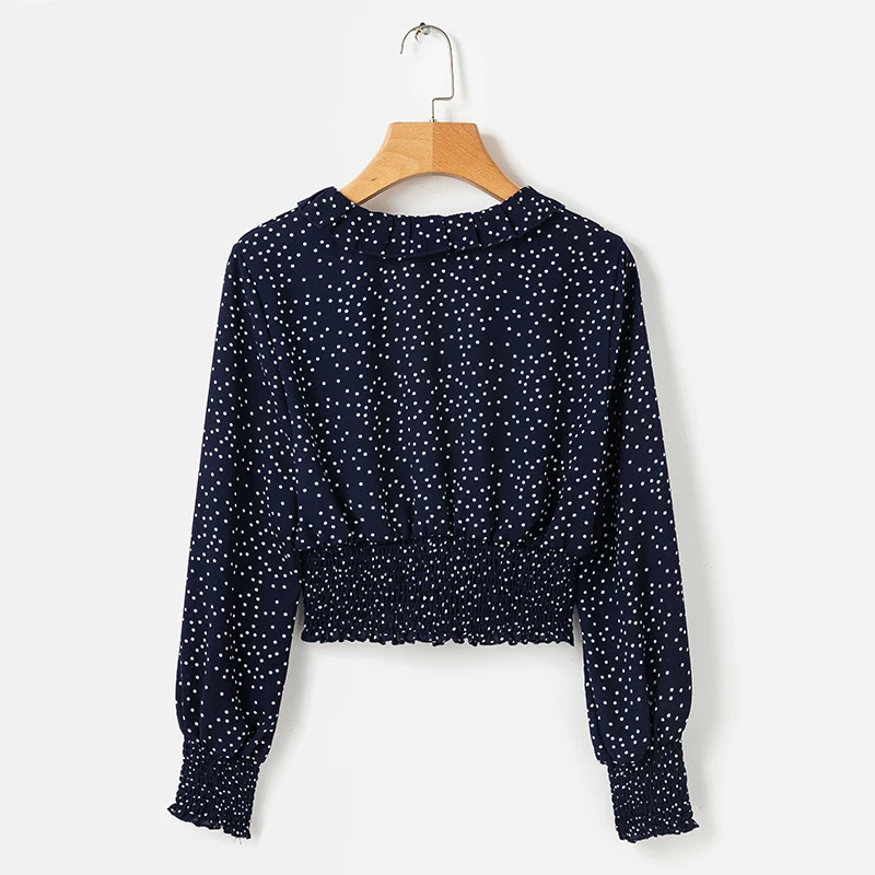 ShejoinSheenjoy Ruffles Chiffon Blouses Women Tops Polka Dot Print Autumn Ladies Shirts V Neck Lantern Sleeve Casual Shirt Top (2)