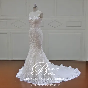 شراءBeauty Bridal 100% صور حقيقية رداء حورية البحر فساتين العروس الفاخرة القطار الملكي قبالة الكتف فستان الزفاف الدانتيل 2019 XFB7002