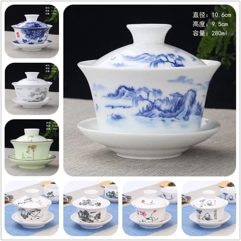 

2019 Chinese Gaiwan Tea Set Kung Fu White Ceramic Gaiwan Blue and white porcelain Teaware Tureen Sancai Tea Cup For Puer