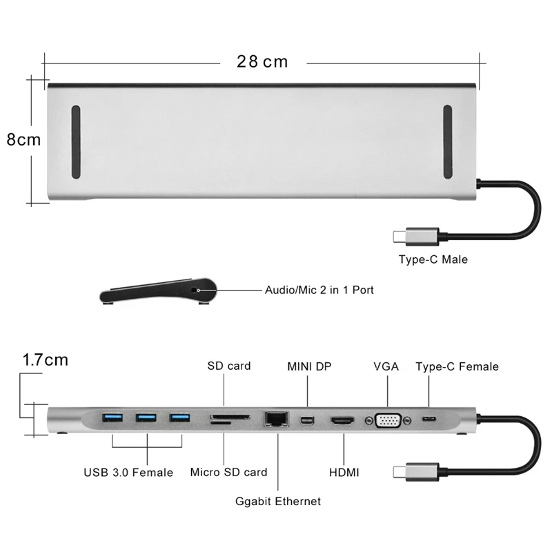 11 в 1 Usb 3,0 Универсальная док-станция для ноутбука Алюминиевый Многофункциональный Pro концентратор для Hdmi/Vga/Mini Dp/Sd/Tf/Rj45/Usb-C