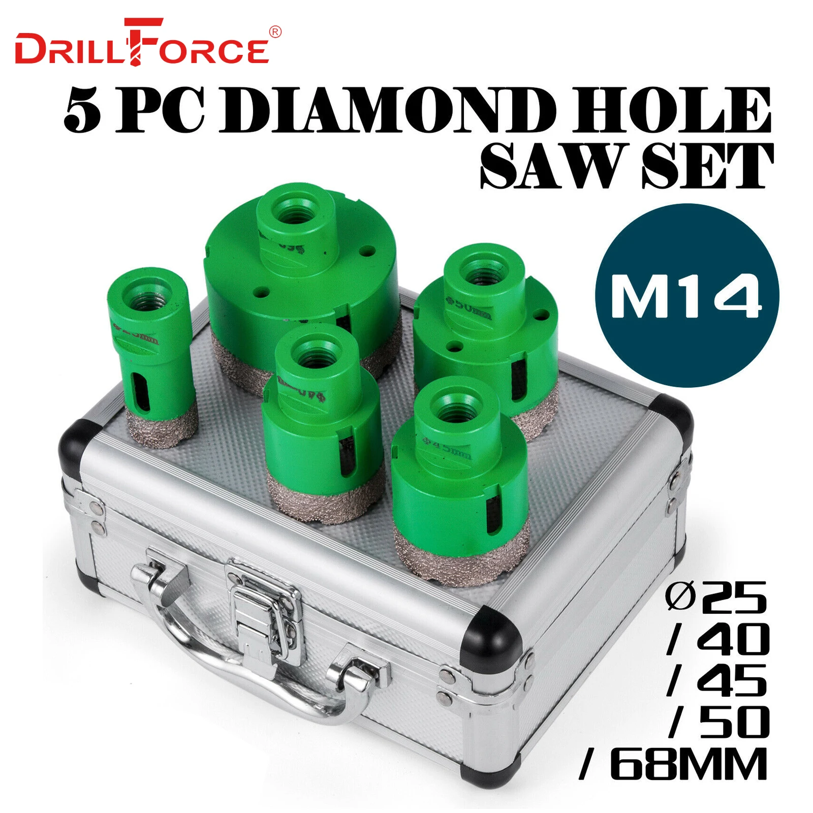 Набор пил с алмазными отверстиями Drillforce 5 шт. 25/40/45/50/68 мм M14 прочный карборунд