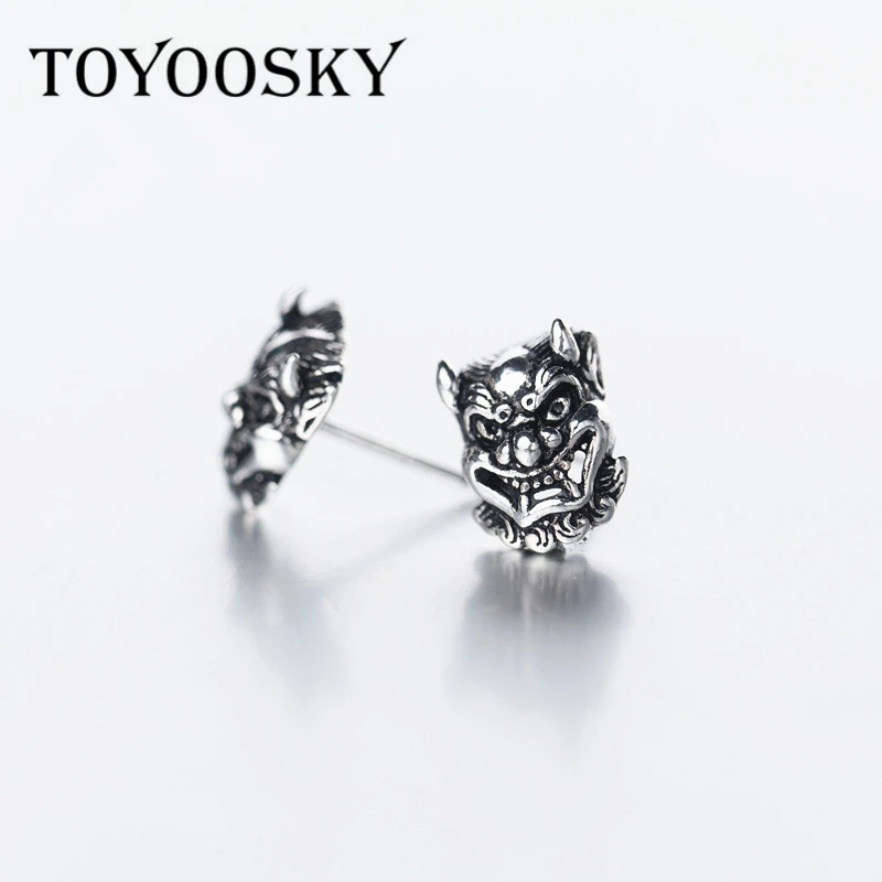 Ретро древняя крутая злая маска духа, серьги-гвоздики для мужчин и женщин, 925 пробы, серебро, загадочная специальная бижутерия для ушей