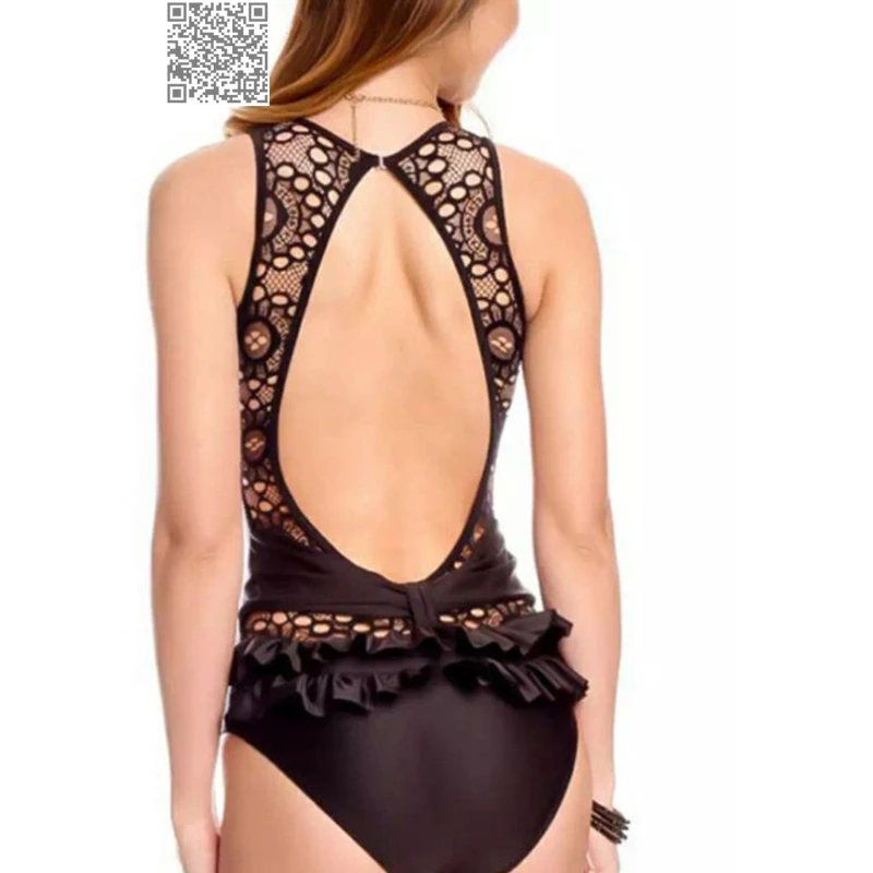 Solid Black Ruffle One Piece Swimsuit Women Push Up Bathing Suit Open