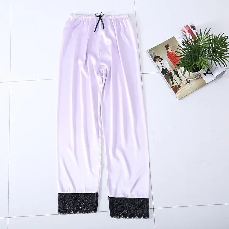 Летние Для женщин атласная пижамные штаны полной длины Повседневное мягкий лаунж-Пижама, одежда для сна, с кружевной отделкой модное нижнее белье Красочные 906-A024 - Цвет: Light purple