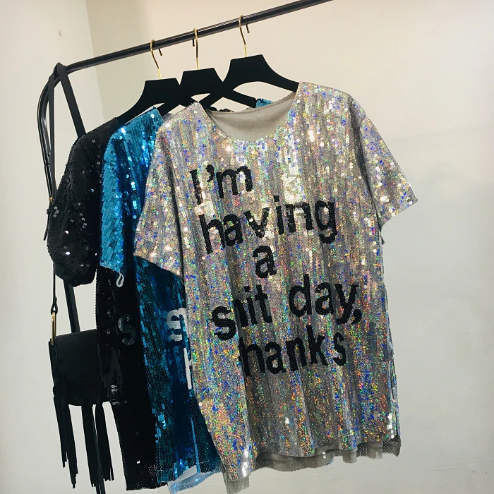 

Sequins Short Sleeve T-shirt 2019 New Women's Summer Loose T-shirt Letter Sequins Medium Long Shirt Students Large Size Tops