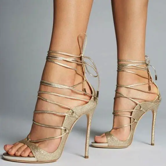 Moraima Snc Gold Strappy Heels Stiletto 