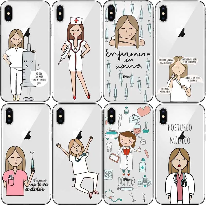 Spain Cartoon Medicine Doctor Nurse Transparent Soft silicone TPU Case For iPhone 8 X XR XS Max 6 6S Plus 5 5S SE Case