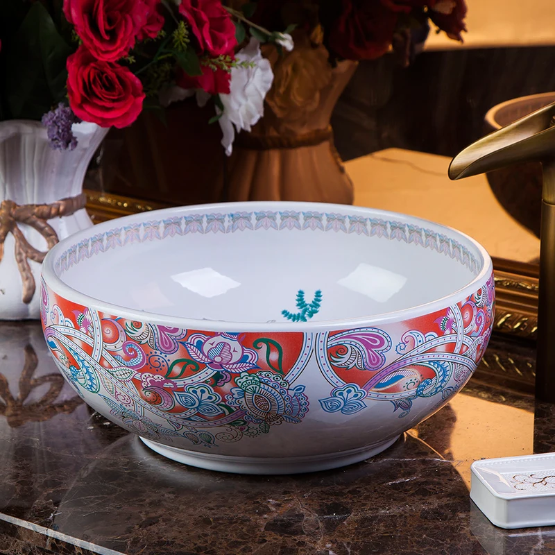 Chinese Europe Vintage Style Art wash basin Ceramic Counter Top Wash Basin Bathroom Sinks blue and white flower wash basin (10)
