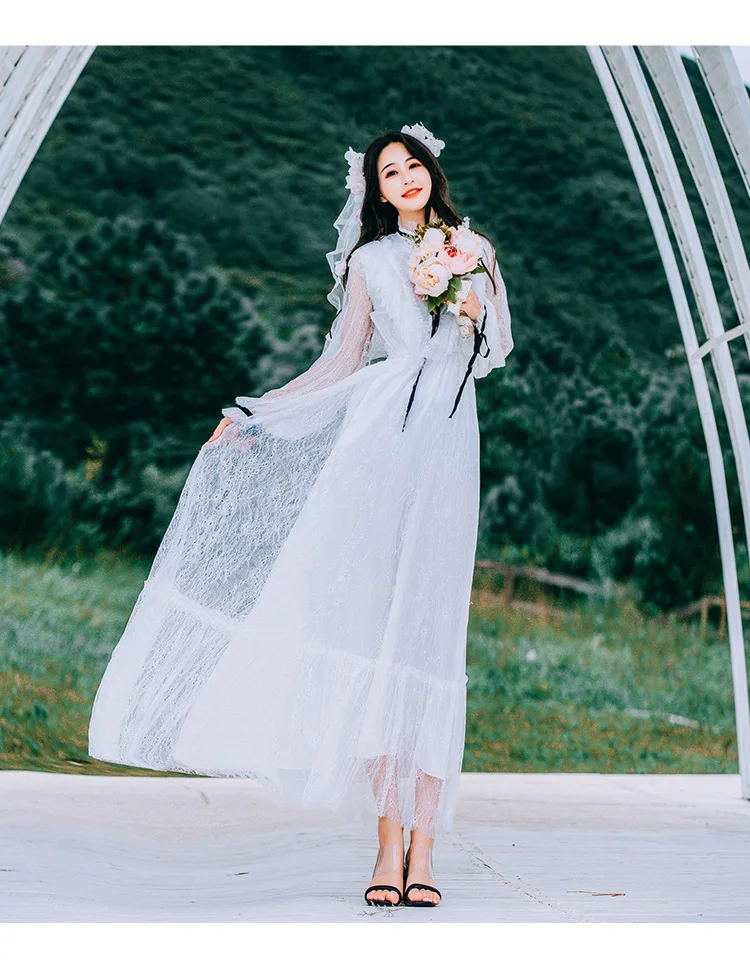 2019 летние белые фея длинное женское платье элегантные Макси Винтаж кружевное платье с длинным рукавом Вечеринка женский Vestido платье-туника