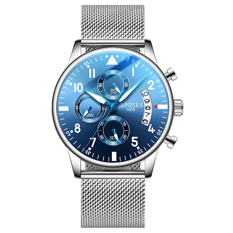 Мужские часы, мужские деловые часы с хронографом, Топ люксовый бренд, мужские часы, кварцевые Классические наручные часы для мужчин, наручные часы - Цвет: silver blue mesh