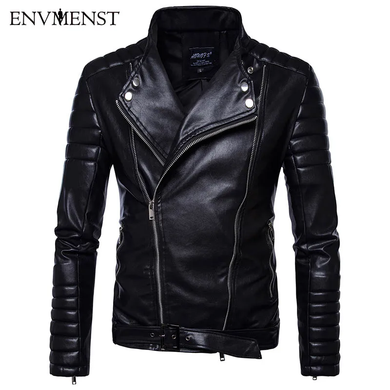 

Envmenst 2017 New Autumn Casual Stand Collar Motorcycle Jackets Coat PU Male Striped Shoulder Sleeves Faux Leather Jacket