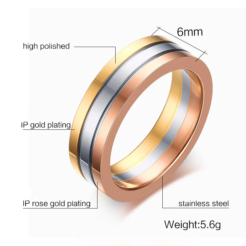 Модное женское и мужское Ювелирное кольцо из нержавеющей стали 316L 6 мм обручальное кольцо 3 цвета титановое кольцо