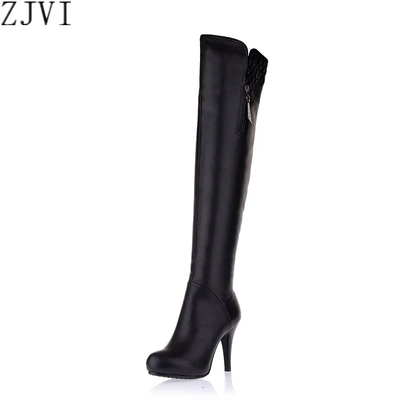 ZJVI ladies fashion winter knee high boots woman thigh high boots genuine leather women black high heels Rhinestone winter shoes