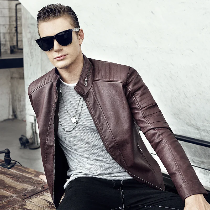 Новая мужская кожаная куртка и пальто Мотоциклетная Куртка Jaqueta De Couro Masculina кожаная куртка мужская - Цвет: Бургундия