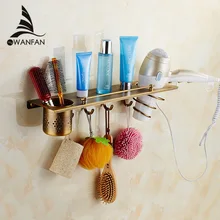 Bathroom Shelves Antique Brass Multi-function Hair Dryer Holder With Hooks Hanger Storage Shelf Wall Mount Organizer Rack 9216F