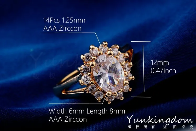 Yunkingdom благородный стиль принцессы золотого цвета кольцо Белый кубический цирконий обручальные кольца для женщин Циркон Кристалл ювелирные изделия H0525