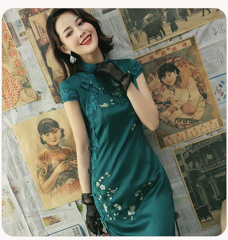 Sheng Coco 4XL Плюс Размер Qipao длинное кружевное Cheongsam шелковое атласное Qi Pao невесты чонсам, Восточный стиль Стиль Розовое Вечернее платье Vestido