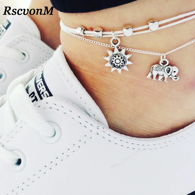 

RscvonM Fashion Sun Elephant Anklet Set For Women Vintage Beach Foot jewelry Statement Anklets Boho Style Party Bohemian Jewelry