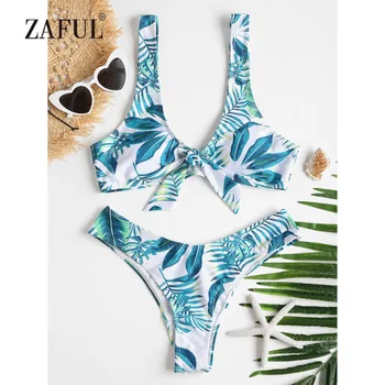 

ZAFUL Bikini 2018 Tropical Leaf Bowknot Swimwear Women High Cut Swimsuit Brazilian Thong Biquni Scoop Neck Padded Bathing Suit