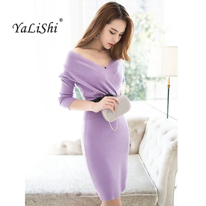 Женское трикотажное платье свитер с V образным вырезом и длинным рукавом|dress