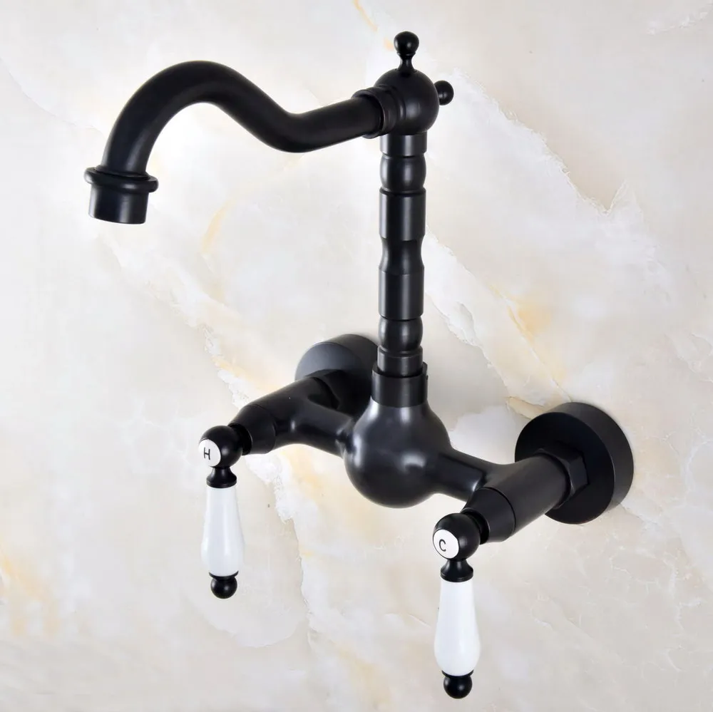 Black Oil Rubbed Bronze Wall Mounted Bathroom Kitchen Sink Faucet Swivel Spout Mixer Tap Dual Ceramics Handles Levers anf857