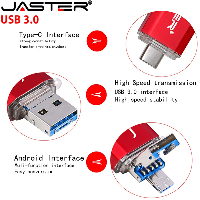 JASTER New 3 IN 1 OTG(Android&USB& Type_C) USB 3.0 flash drive Metal Custom Pen Drive 64GB 32GB 16GB 8GB 4GB Wedding Gifts