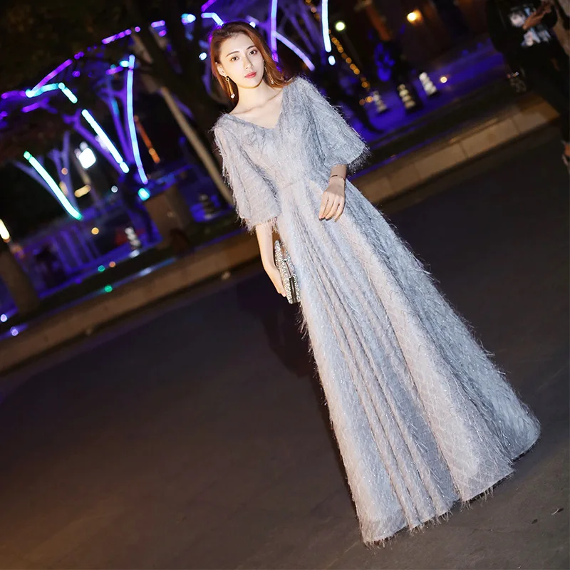 2019 Новое поступление длинное вечернее платье v-образным вырезом кружева длиной до пола вечерние праздничные наряды Элегантный Vestido De Fiesta