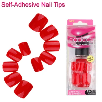 

12Sets Full Cover Bright Candy Rose Red Self-Adhesive Artificial Nail Polish Tip Acrylic Finger Nails Tips French Manicure RCP44
