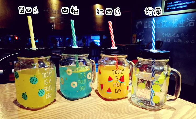 450ml Glass Mason Jar Mug with Lid and Straw Summer Ice Cream Fruit Cold Drinking Water Jars Juice Cup