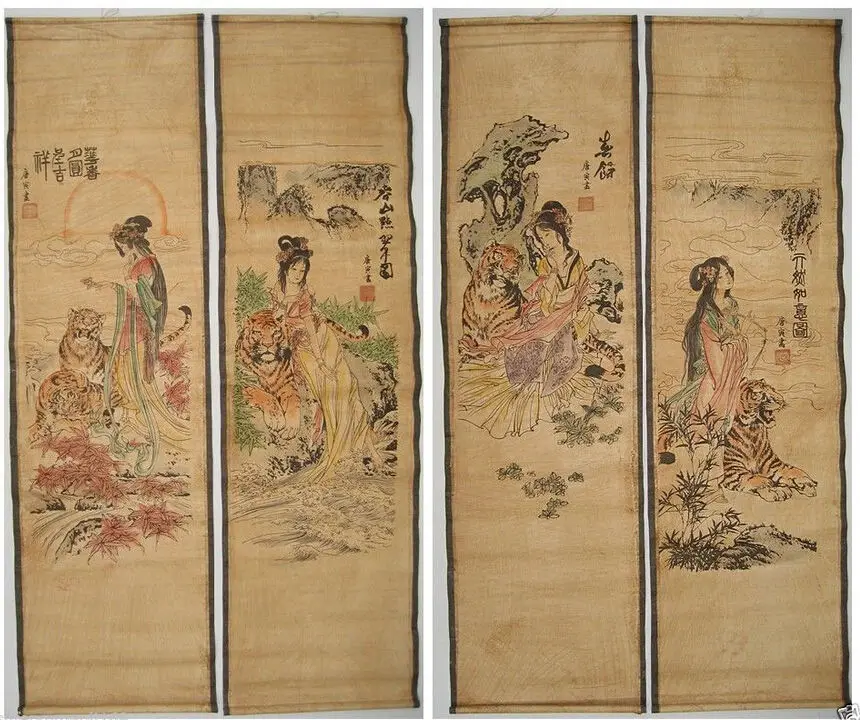 

Chinese Collectible painting scroll four beautys Tang Bohu 4 scrolls