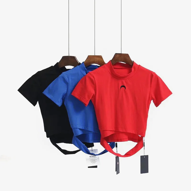

Fashion Moon embroidery sexy slim Cotton short sleeve T-shirt Stand Collar crop tops Women summer high waist cross short Tees