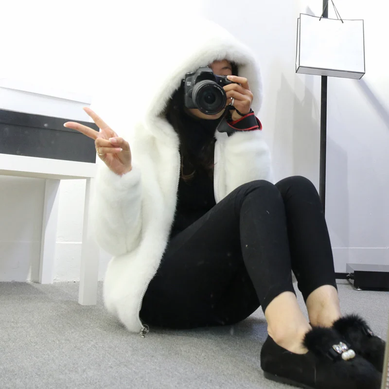 MCCKLE Women Faux Mink Hooded Coat Autumn Winter Long Sleeve Solid Fur Jacket Women Zipper Warm Faux Fur Outwear Dropshipping