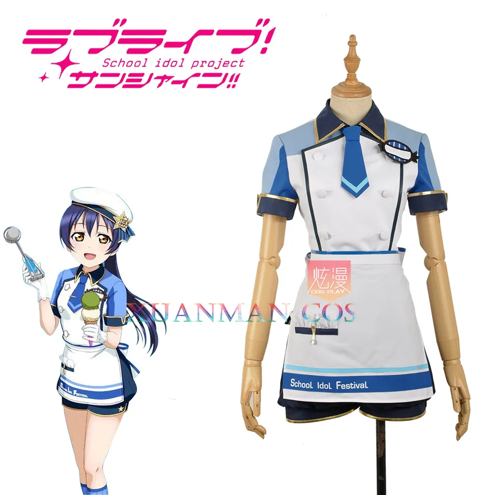 

Love Live!Sonoda Umi Cosplay Costume Ice Cream Unawakened Custom Women Blue Maid Unifrom Girl Skirt Apron Summer Dress Socks