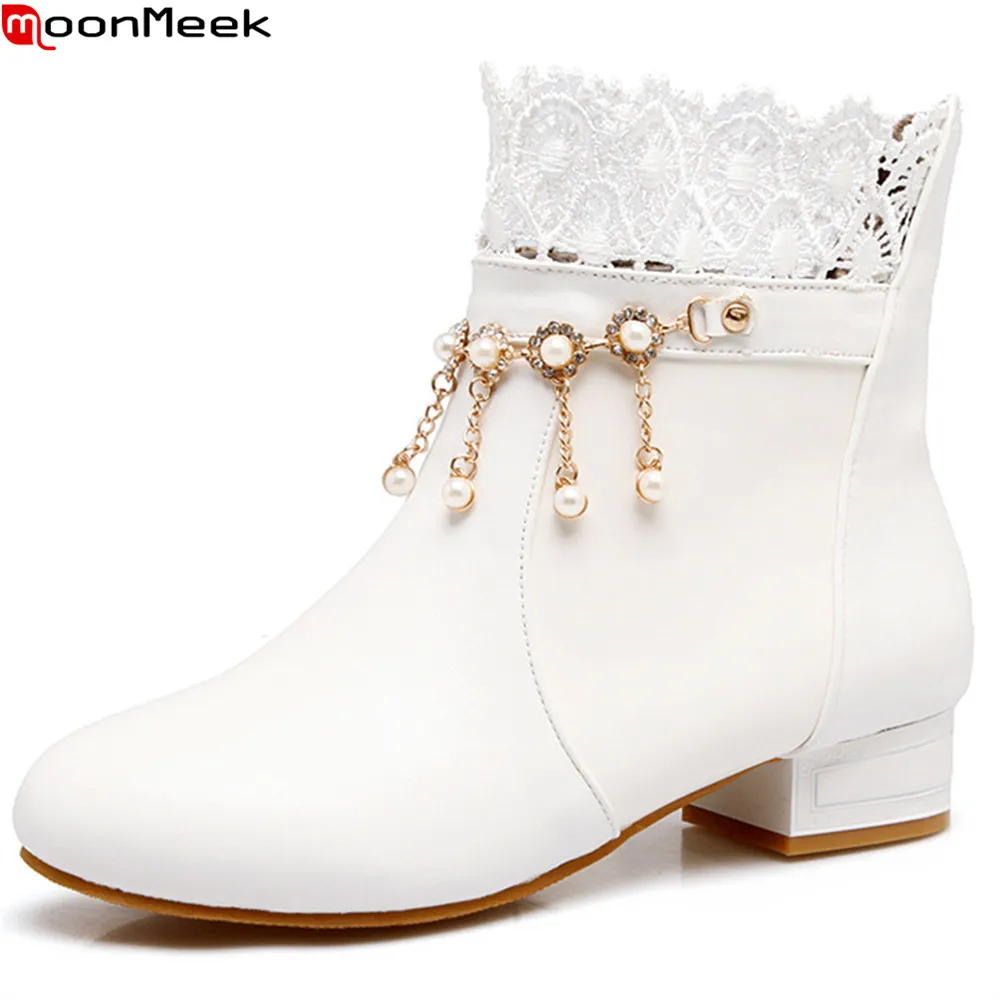 

MoonMeek big size 33-43 black white fashion autumn winter shoes wooman round toe square heel boots sweet ladies ankle boots