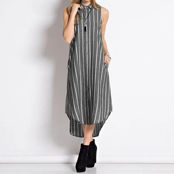 2019 Fashion Women's Summer Cotton Linen Mid-Calf A-Line Dress New Casual Stripe Sleeveless Turn-Down Collar Breasted A50 | Женская