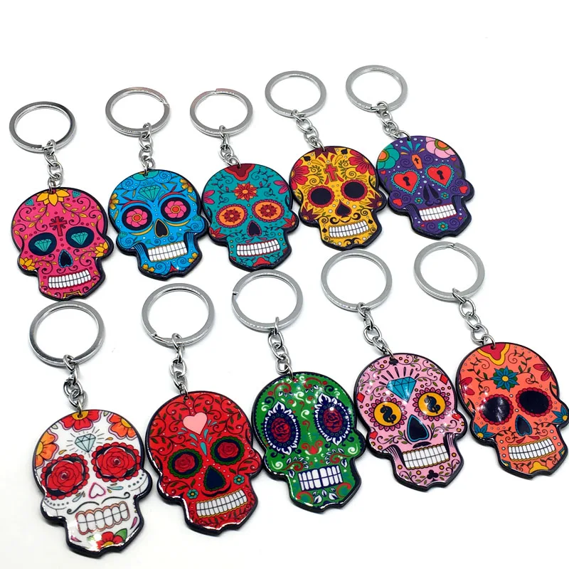 32024 Day of Dead Colorful Skull Mandala Dia Muertos Metal Key Ring Fob Keychain 