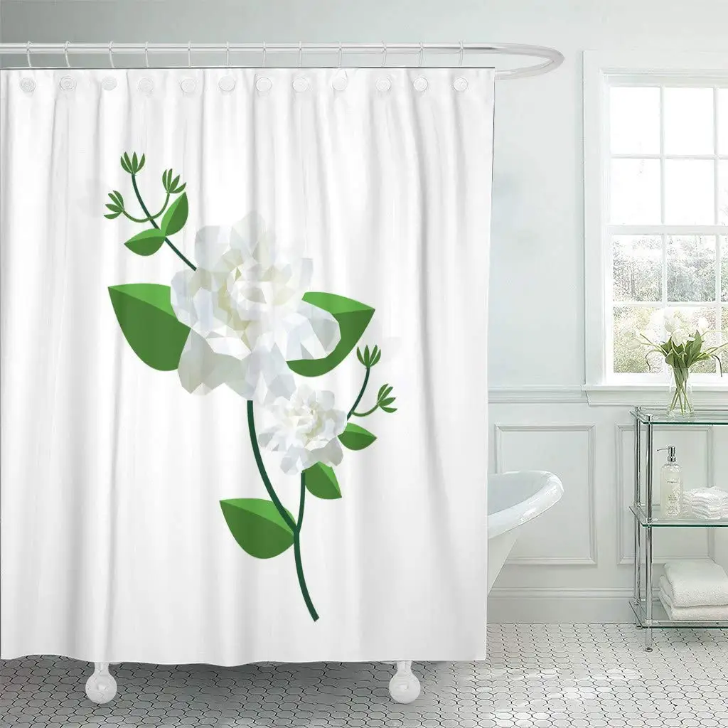 Душа Шторы акварель полигон Жасмин имеет белые цветы с зелеными листьями и стволовых с бутон Красота Ванная комната