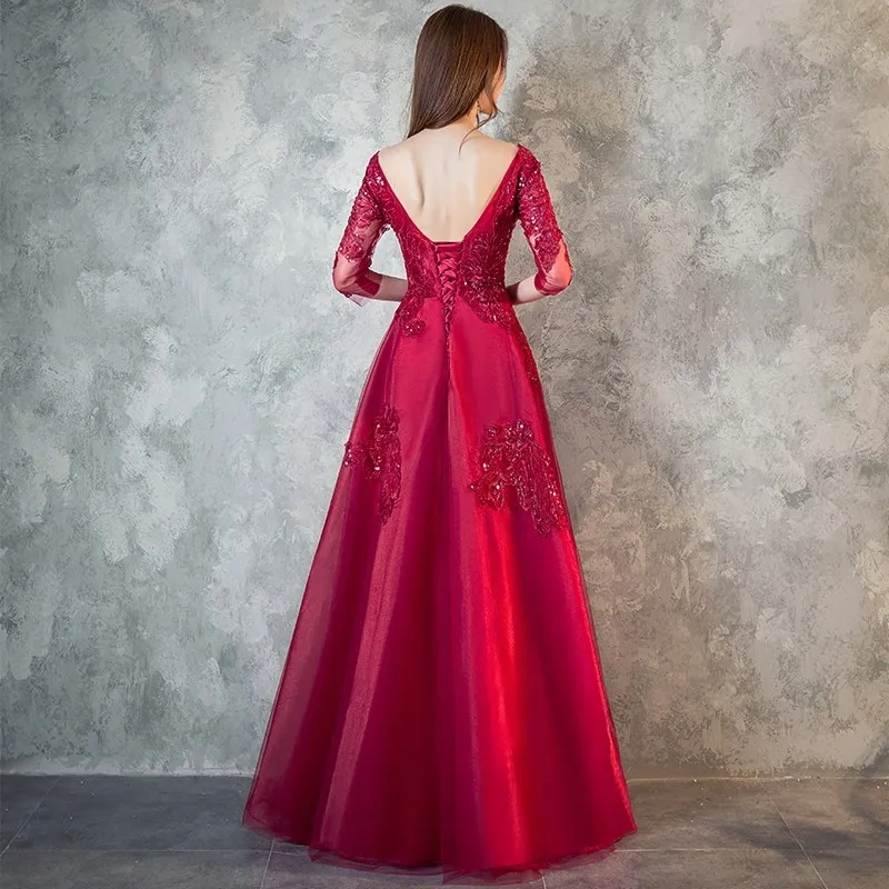 Красное вечернее платье, длинное,, открытая спина, сексуальное, v-образный вырез, половина рукава, свадебное платье для гостей, элегантное, Abito Da Cerimonia ES1403